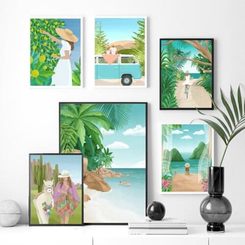 Fashion Girl Travel Landscape Wall Art Green Sea Beach Palm Tree Canvas Painting Nordic Posters and Prints Pictures Home Decor