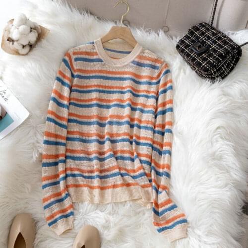 2021 Rainbow Striped Sweater Women Knitted Wool Pullovers Top O Neck Long Sleeve Hallow Out Korean Jumper Sweaters Femme