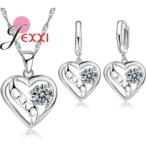 African AAA Crystal Heart Shape Necklace Earrings for Women 925 Sterling Silver Bridal Wedding Jewelry Sets Bijoux