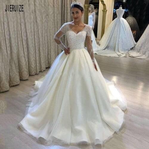 JIERUIZE New Luxury Wedding Dresses V Neck Long Sleeves Backless Shiny Handmade Crystal Bridal Wedding Gowns vestido de noiva