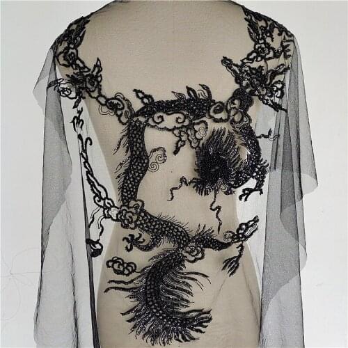 New Style Luxury Black Mesh Embroidered Beaded Sequin Dragon Dress Back Applique Fabric