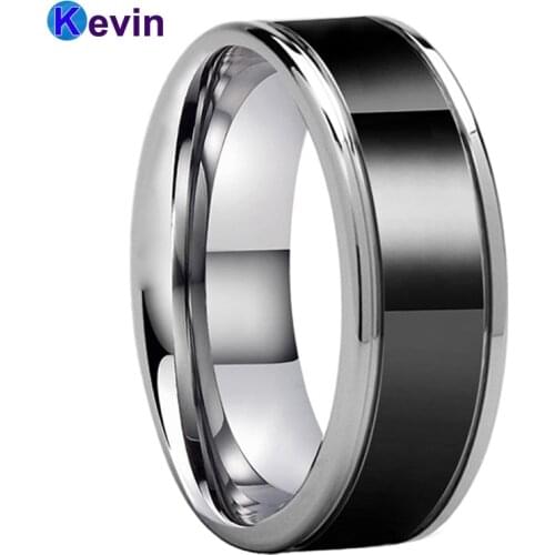 8MM Two Tone Black Men Ring Tungsten Wedding Band With Grooved And Polished Finish Comfort Fit