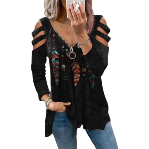 2021 Autumn Womens Zipper Pullover Printed Long Sleeve Loose T-shirt Womens Top