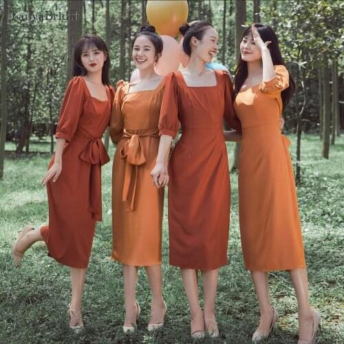Caramel Colour Bridesmaid Dresses Square Neck Tea Length Wedding Party Gown Puff Sleeve Brides Maid Gown DB046