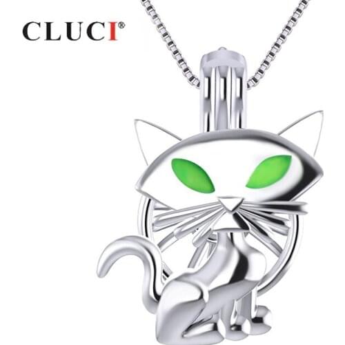 CLUCI Silver 925 Halloween Night Green Eyes Cat Pearl Cage Jewelry for Wome 925 Sterling Silver Pendant Pearl Locket SC316SB