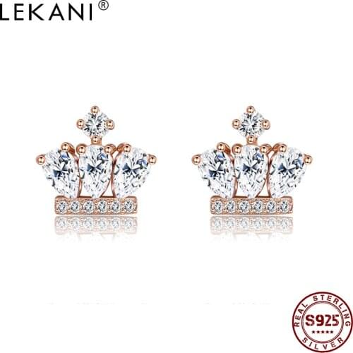 LEKANI Genuine 925 Silver Stud Earrings For Women Crown Lovely Zircon Earring Female Engagement Wedding Romantic Fashion Jewelry