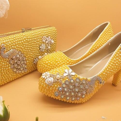 LoveinCrystal Peacock Yellow Pearl Bride Wedding shoes Womens High Heels Round Toe Thin Heel Party Dress Shoe And Bag Set