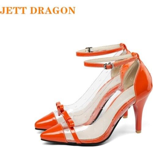 JETT DRAGON Pumps Spring and Autumn The New Pointed Shallow Mouth Buckle Butterfly Knot Fine Heel High Heel 2021 PVC High Heels