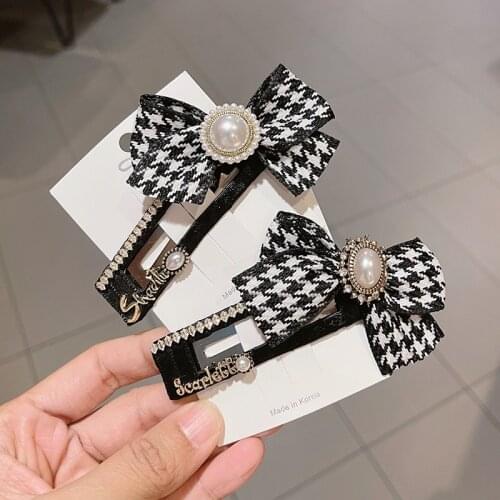Retro Plaid Fabric Bow Hairpin Crystal Rhinestone Jewelry Hair Bows BB Clip Pin Adult Girls Headpiece Hair Accessories for Women