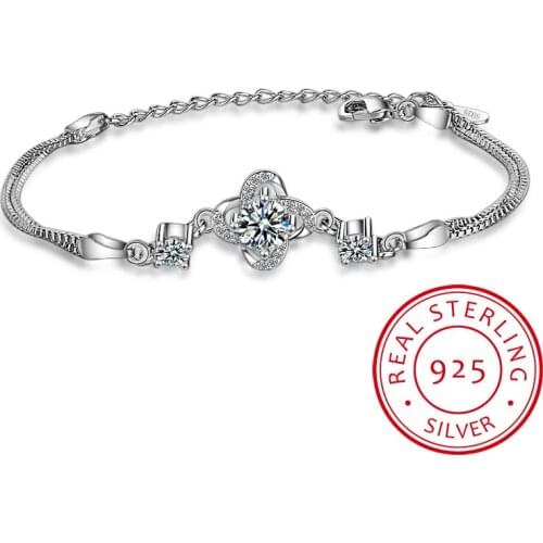 Fine Jewelry Authentic 925 Sterling Silver Jewelry Austrian Crystal Four Leaf Clover Heart Charm Bracelet For Women Pulserias