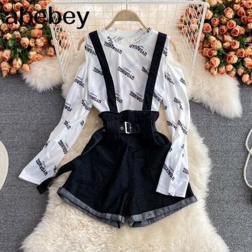 2021 New Summer Fashion O-neck long sleeve off shoulder letter print T-Shirt + high waist lace up denim strap Shorts 2-piece set