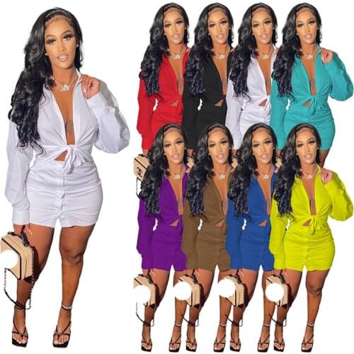 Two Piece Set Women 2021 Spirng Summer Casual Solid Color Long Sleeve Crop Shirt+Button Bodycon Skirt Sexy Club Outfits