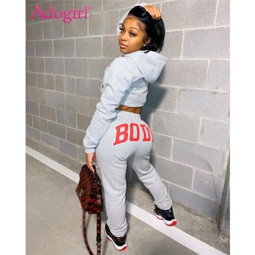 Adogirl S-4XL Plus Size Body Letter Print Two Piece Set Tracksuit Women Long Sleeve Hoodies Crop Top Sweatpants Jogging Suit