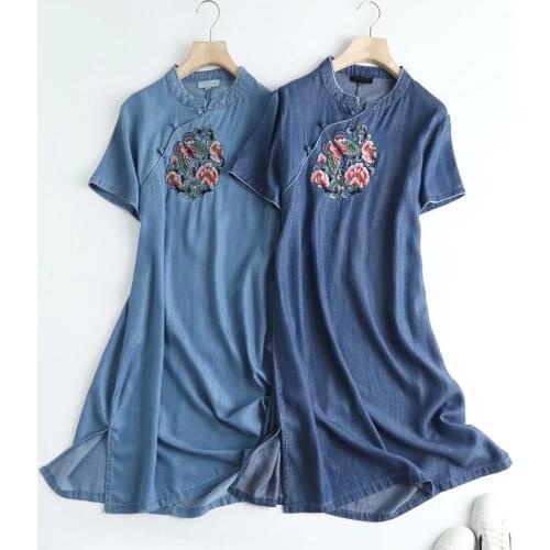 Embroidery summer jeans dress women o neck short sleeves floral blue denim dress cheongsam work knee-length dress vestidos mujer
