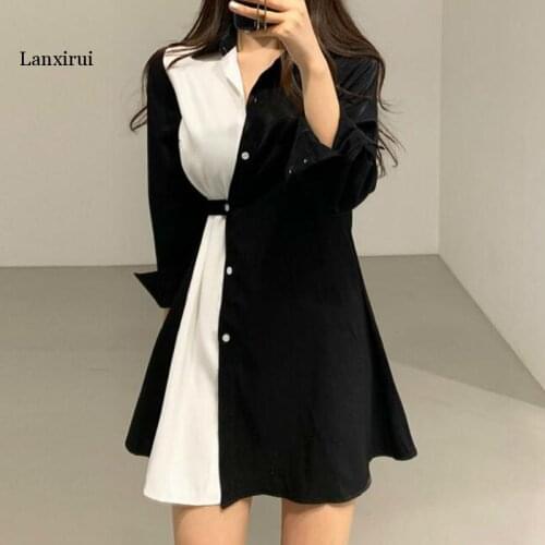 Women Autumn Black White Patchwork Bandage Shirt Dress Ladies Sexy A-line Elegant Mini Dresses Long Sleeve Robe Femme