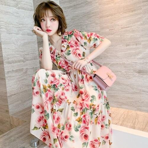 Awarose Ruffle V-Neck High Waist Vintage Rose Print Short Sleeve Midi Dress Women Summer Fashion Casual Party Sundress Vestidos