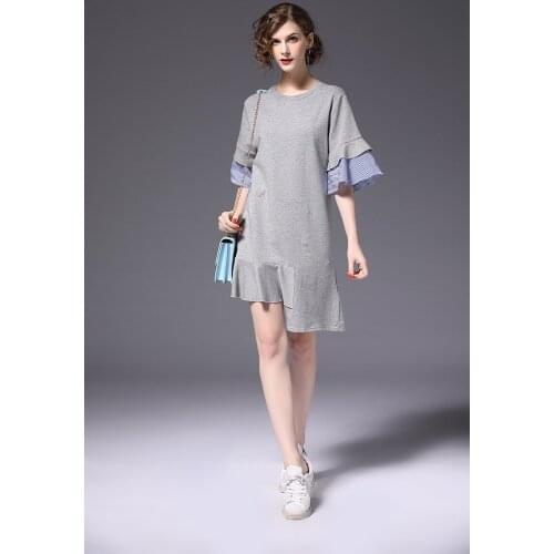 2018 Fashionable Women Dress Large Size Loose Stripe Contrast Irregular Lotus Leaf Sleeve Dress