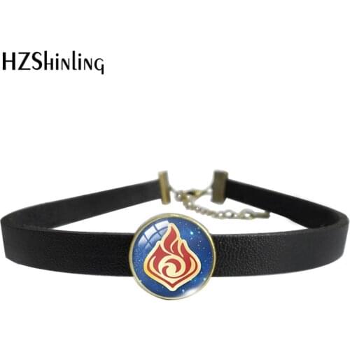2021 Genshin Impact Element Version Pyro Pattern Leather Choker Necklace Glass Cabochon Fashion Jewelry