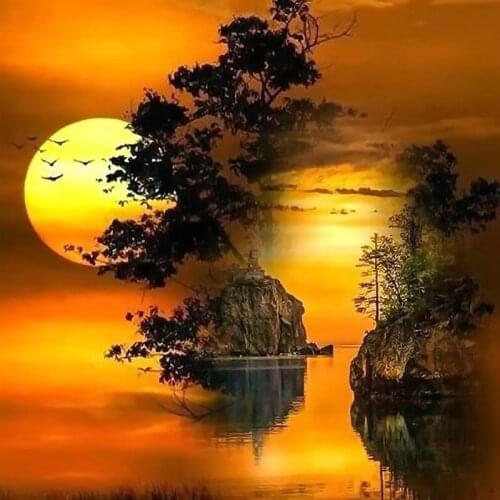 5D Diy Diamond Painting Landscape Sunset Sea Cross Stitch Round Diamond Mosaic Craft Diamond Embroidery Needlework Paintings