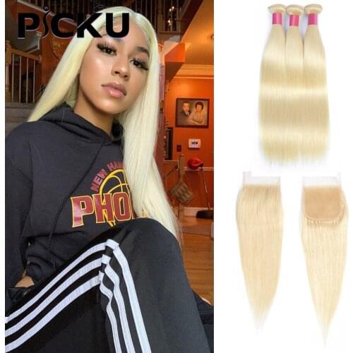 613 Blonde Bundles With Closure Brazilian Straight 3 Bundles With Closure Double Weft Human Hair Bundles With 4x4 Closure Remy