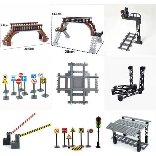 City Train Tracks Accessories Mini Signs Signal Lamps Trein Track Rail Road Traffic Lights City Train Station Building Block