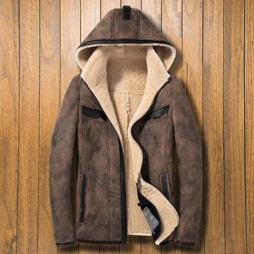 Shearling Coat Mens Fur Overcoat Sheepskin Leather Jacket Hooded Motorcycle Parkas Short Winter Outerwear