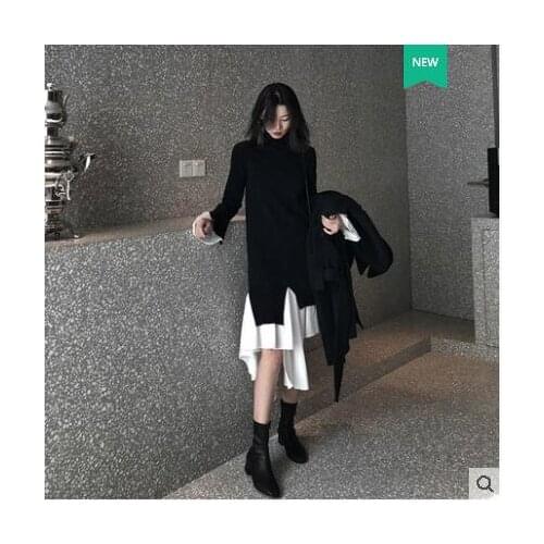 European New design womens personality long flare sleeve knitted patchwork asymmetric ruffles bottom long sweater dress