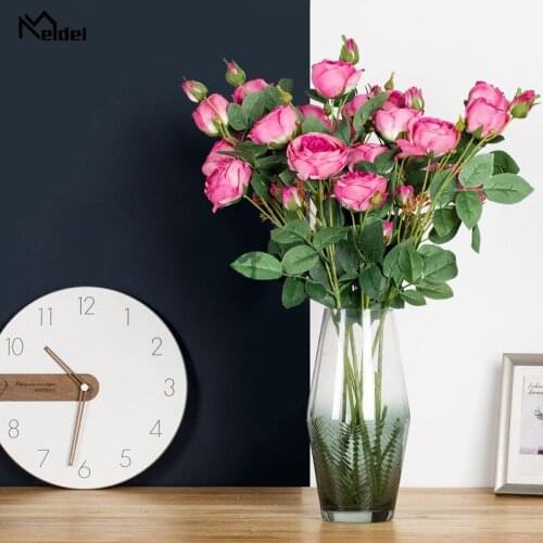 Meldel 3 Head 2 Bud Rose Simulation Flowers Branch Home Living Room Decor Fake Flower Wedding Scene Layout Table Artifical Roses
