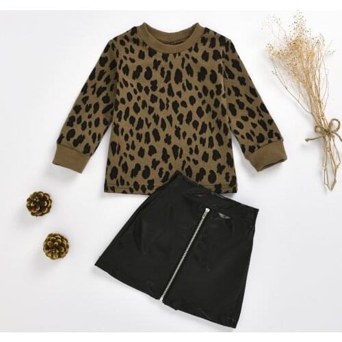 Pudcoco 2PCS Toddler Kids Baby Girl Clothes Set 1-5Y Leopard Print Pullover Tops Sweater Leather Mini Skirts Outfit Party