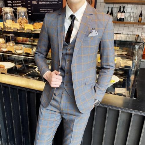 Suit Coat Vest Pants Male Business Slim Fit Blazers Set 3 Pieces / Mens Wedding Groom Jacket Trousers Waistcoat