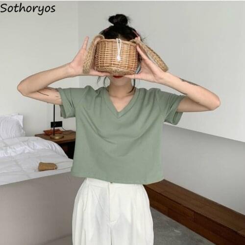 Woman Short-sleeve T-shirts V-neck Crop Top Solid Korean Style Ins Popular All-match Baggy Tees Casual Fashion Simple Harajuku