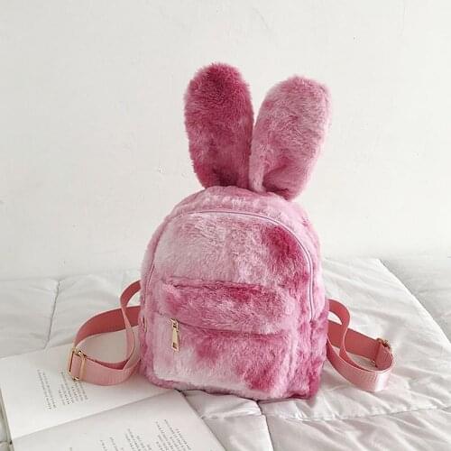 Cute Rabbit Ears Tie Dye Plush Backpack For Women Faux Fur Shoulders Bag Furry Mini Backpacks Girl Fluffy Bag 2021 Winter New