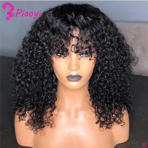 Mongolian Kinky Curly Human Hair Wigs With Bangs 150 Density Remy Full Machine Made Human Hair Wigs For Black Women