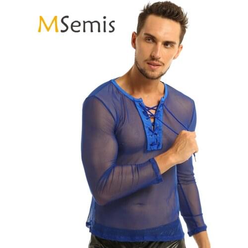 Mens Exotic Tank Shirt Lace Up See Through Mesh Long Sleeve Pullover Hot Sexy T-Shirt Clubwear Costumes Lingerie Undershirts