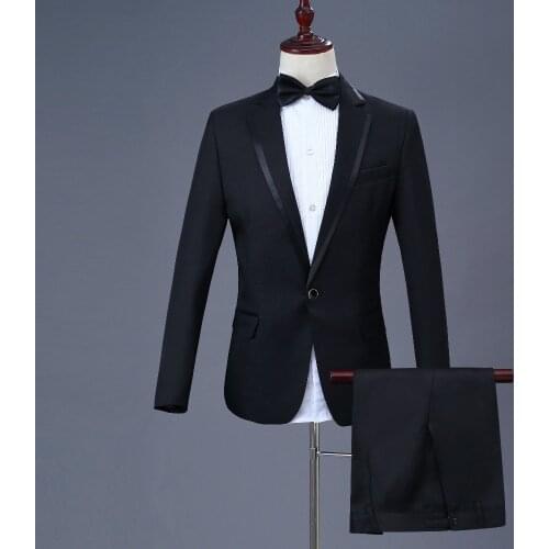2018 Latest Design Black Lapel Mens Dinner Party Prom Suits Groom Tuxedos Groomsmen Wedding Suits For Men Jacket+Pants+Bow