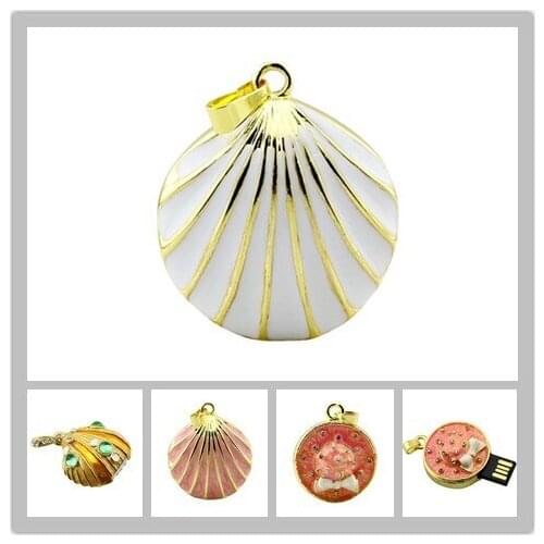 Necklace Jewelry USB Flash Drive Cameo Shell USB Flash Crystal Pen Drive Disk Memory Sticks 4GB 8GB 16G 32GB Pen Drive USB Drive