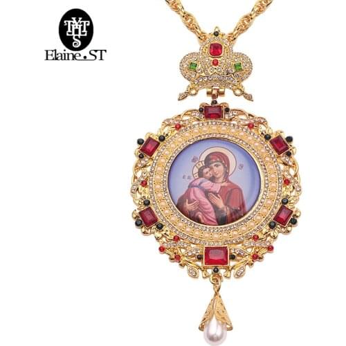 Orthodox Round Pectoral Jewelry Religious Icon Byzantine Crucifix Pendant Necklace Bishop Priest Episcopal for Men Long Necklace