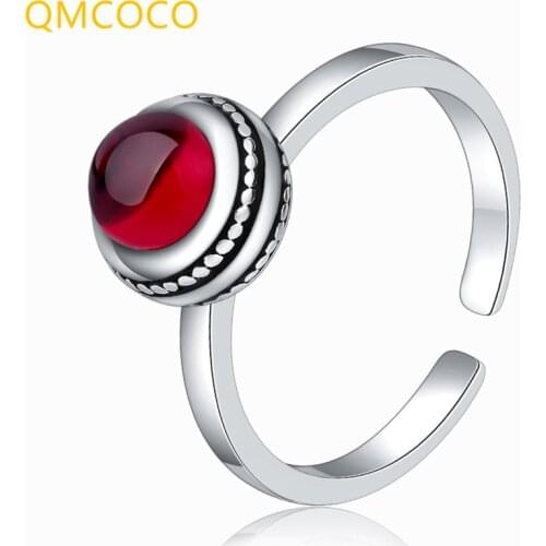 QMCOCO 925 Silver Fashion Design Vintage Red Natural Stone Zircon Ring Women Engagement Wedding Jewelry Accessories Gifts