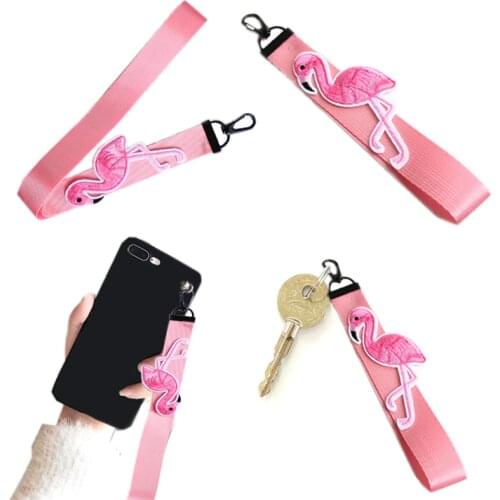 Sale Handmade Embroidery Pink Ribbon Flamingo Lanyard Keychain Animal DIY Key Chain For Bag Wallet Phone Case