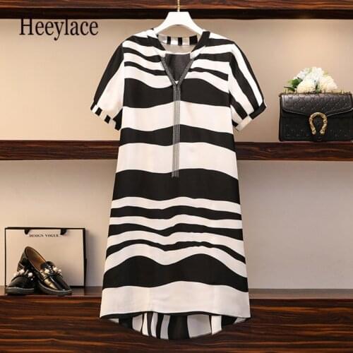 Plus Size Women Zebra Stripes Print Dress Autumn 2020 Fashion Beading Tassel V-neck Short Sleeve Loose Asymmetric Dresses