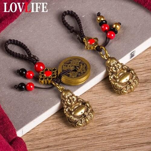 Retro Brass Buddha Lanyard Keychain Hanging Jewelry Handmade Braied Rope Keyring Pendant with Ancient Chinese Coins Decorations