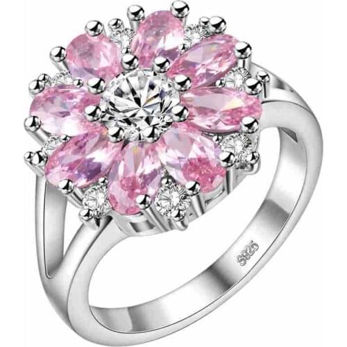 Seanlov Luxury Silver Color Rings Jewelry Pink Red Zirconia Crystal Setting Fashion Ladies Engagement Party Big Sun Flower Rings