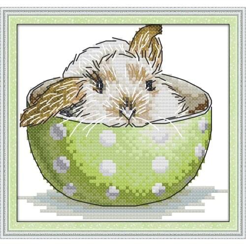 A rabbit in a teacup cross stitch kit aida 14ct 11ct count print canvas cross stitching kits needlework embroidery DIY handmade
