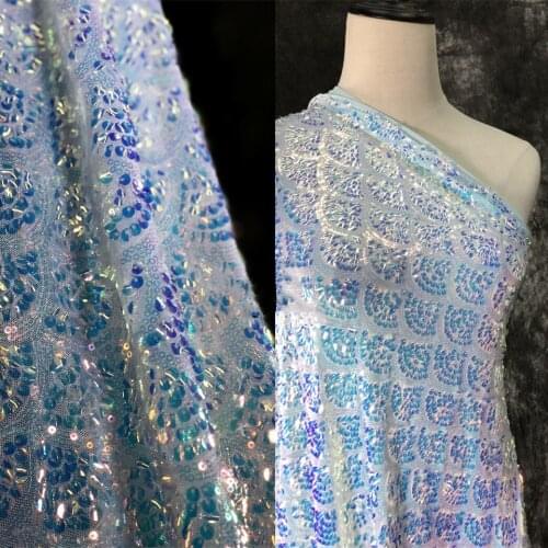 Light pink blue fish scale shape golden illusion color stretch mesh embroidery sequin fabric dress performance clothing fabric