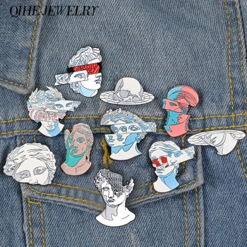 QIHE JEWELRY Blue Flower Hair Statue Enamel pin Classic brooches Lapel pins for women girl men Badges Pins up