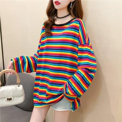 Women Harajuku Loose Blouse Rainbow Contrast Color Striped Print Tee Top Long Sleeve Streetwear T Shirt Ropa De Mujer 2021
