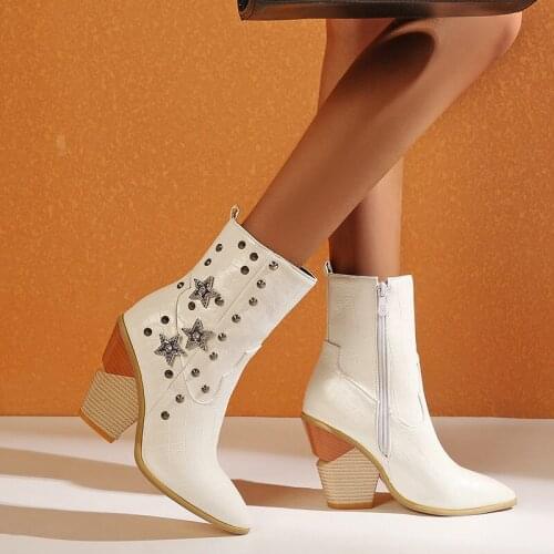 YMECHIC Autumn Winter Crystal Studded Ankle Western Boots Cowboy Boots Women Fashion Yellow White Black Wedge Shoes Pointed Toe