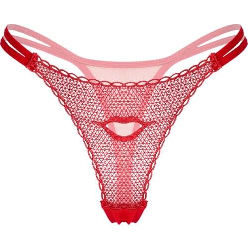 Womens Lip Embroidery Briefs Hollow Out Underwear Low Waist See-Through Lingerie Elastic Waistband T-back Soft Sexy Underpants