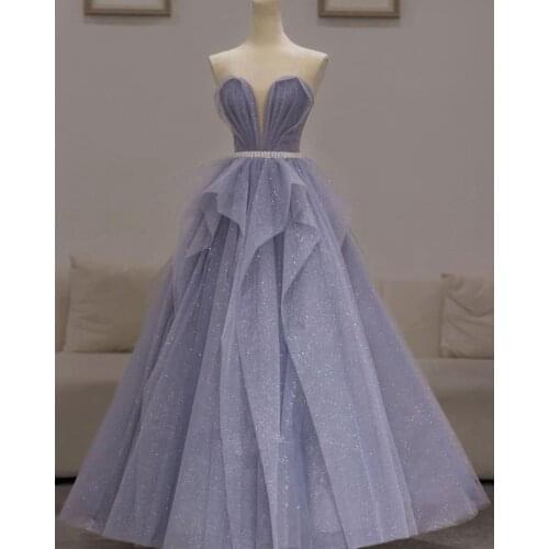 Pretty Long Prom Dress Strapless Sleeveless Shiny Crystals Ruffles Tulle Ball Gown Women Evening Homecoming Party Elegant Gowns