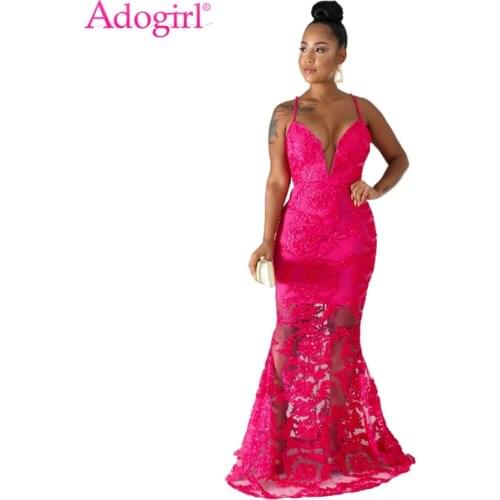 Adogirl Lace Embroidery Mesh Patchwork Mermaid Dress Elegant Sexy Women Sexy Spaghetti Straps Maxi Banquet Evening Party Dress
